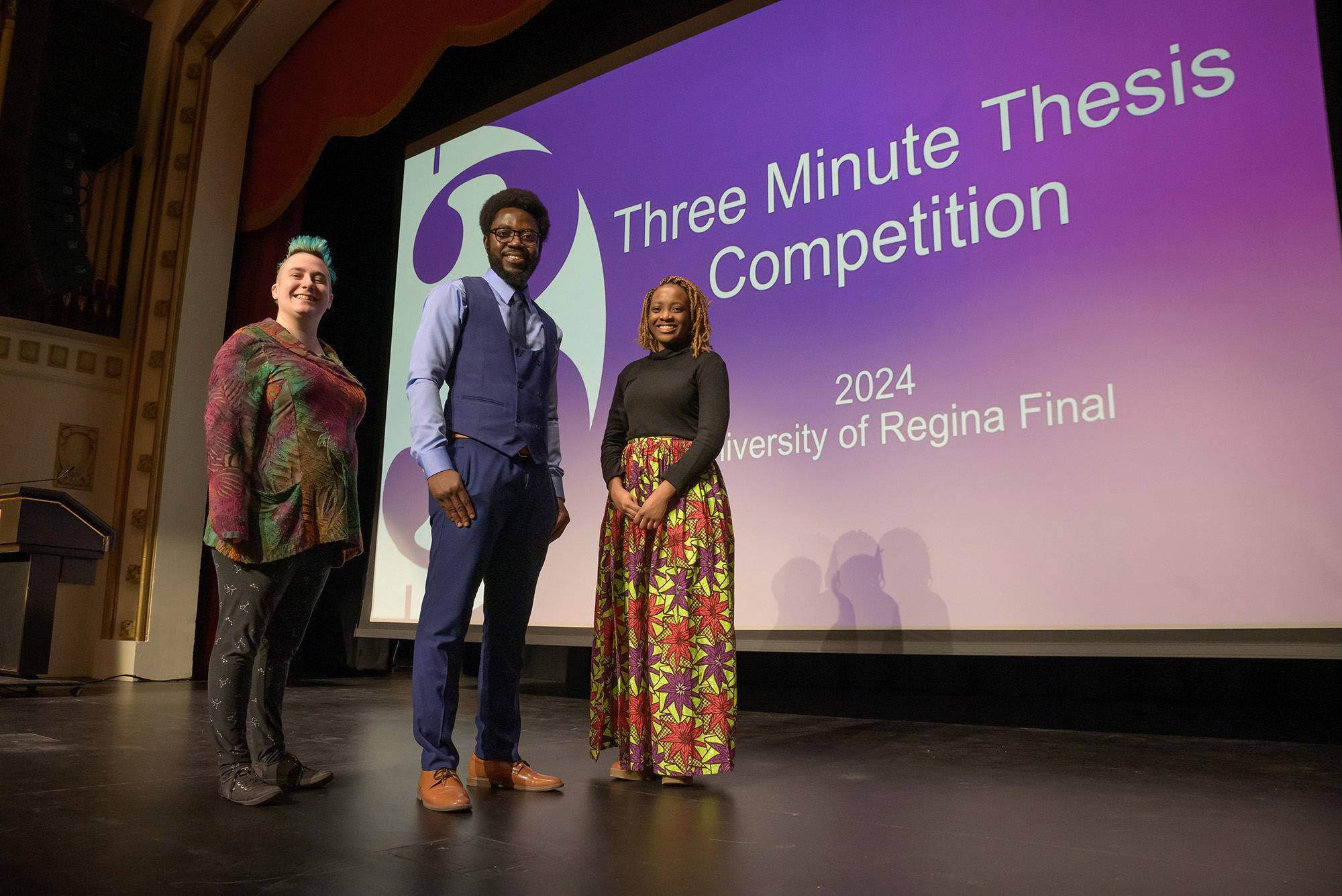 The three winners from the U of R’s 3MT event: (l to r) Breeann Phillips, Michael Mensah, and Max Adjei-Dadson. (Photo by Trevor Hopkin)