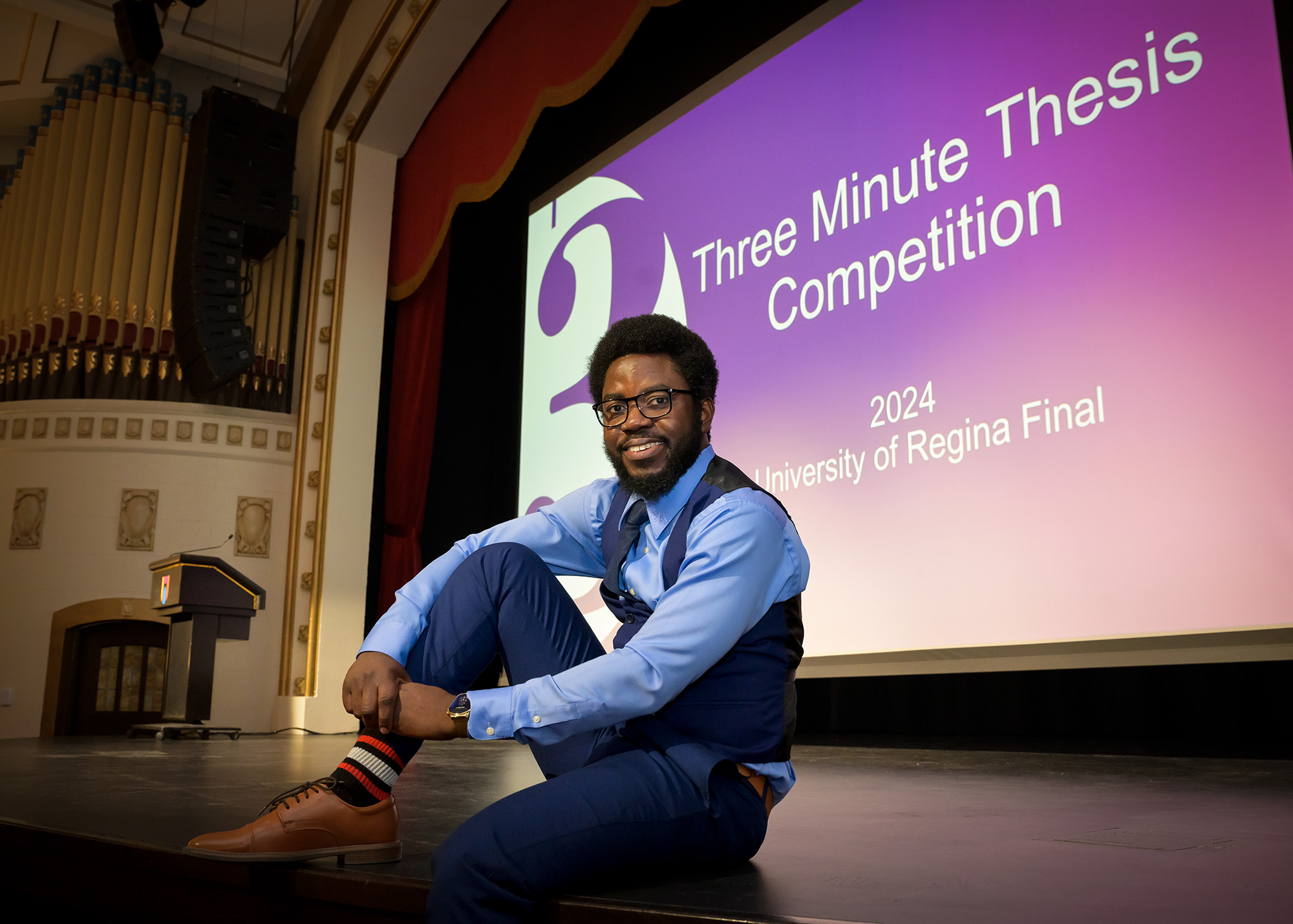 Michael Mensah won the U of R’s 3MT event. (Photo by Trevor Hopkin)