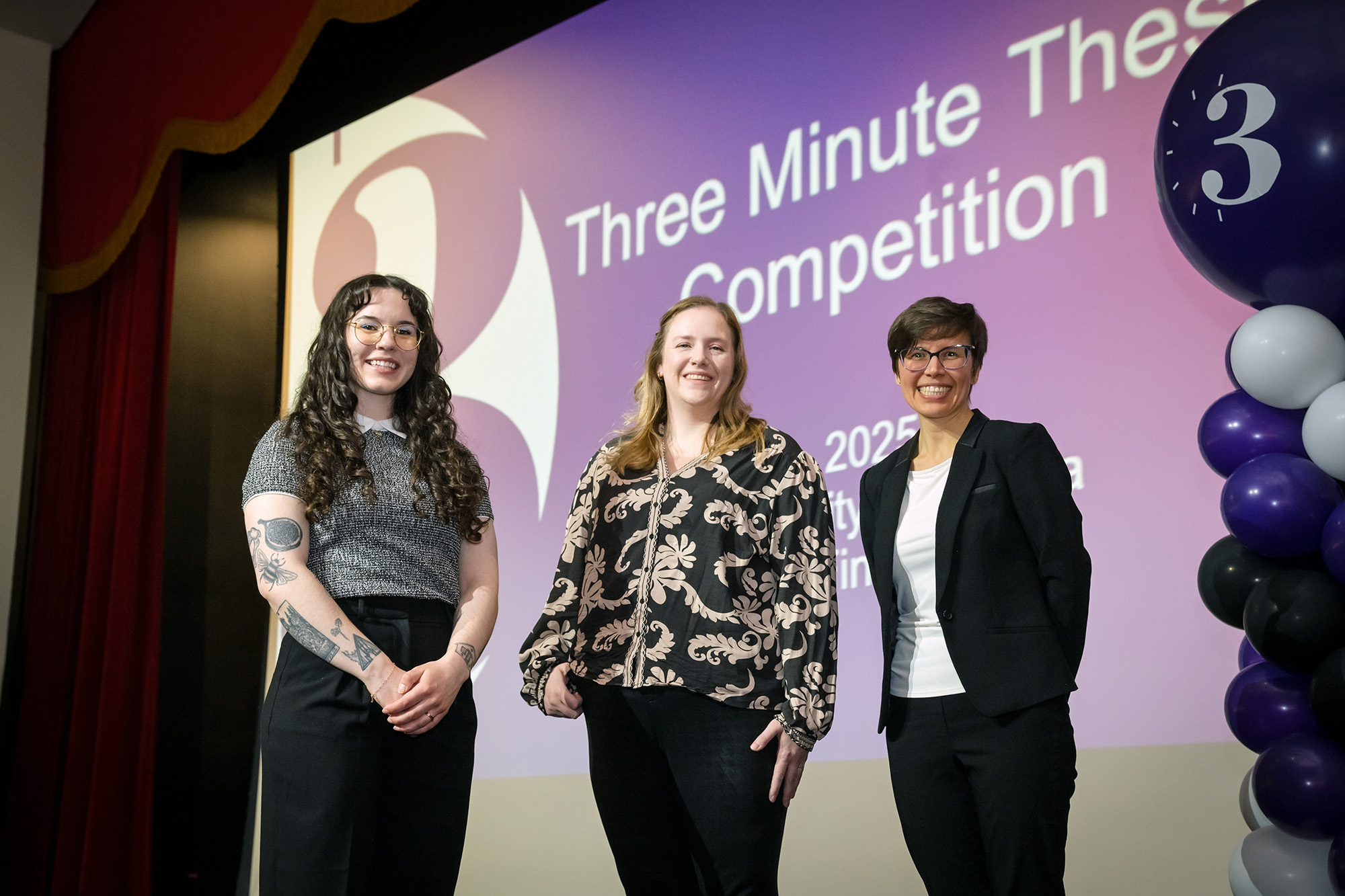 03-24-01 The three winners of the University of Regina’s 3MT competition, L to R: Angèle Poirier, Baily Hack, and Elise Melanson. (Photo by Trevor Hopkin)