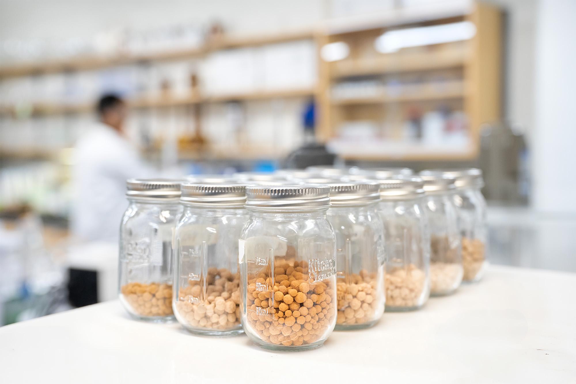 Different variations of ceramsite, a lightweight, porous material converted from sludge by Dr. Jinkai Xue and his research team. (Photo by Trevor Hopkin)