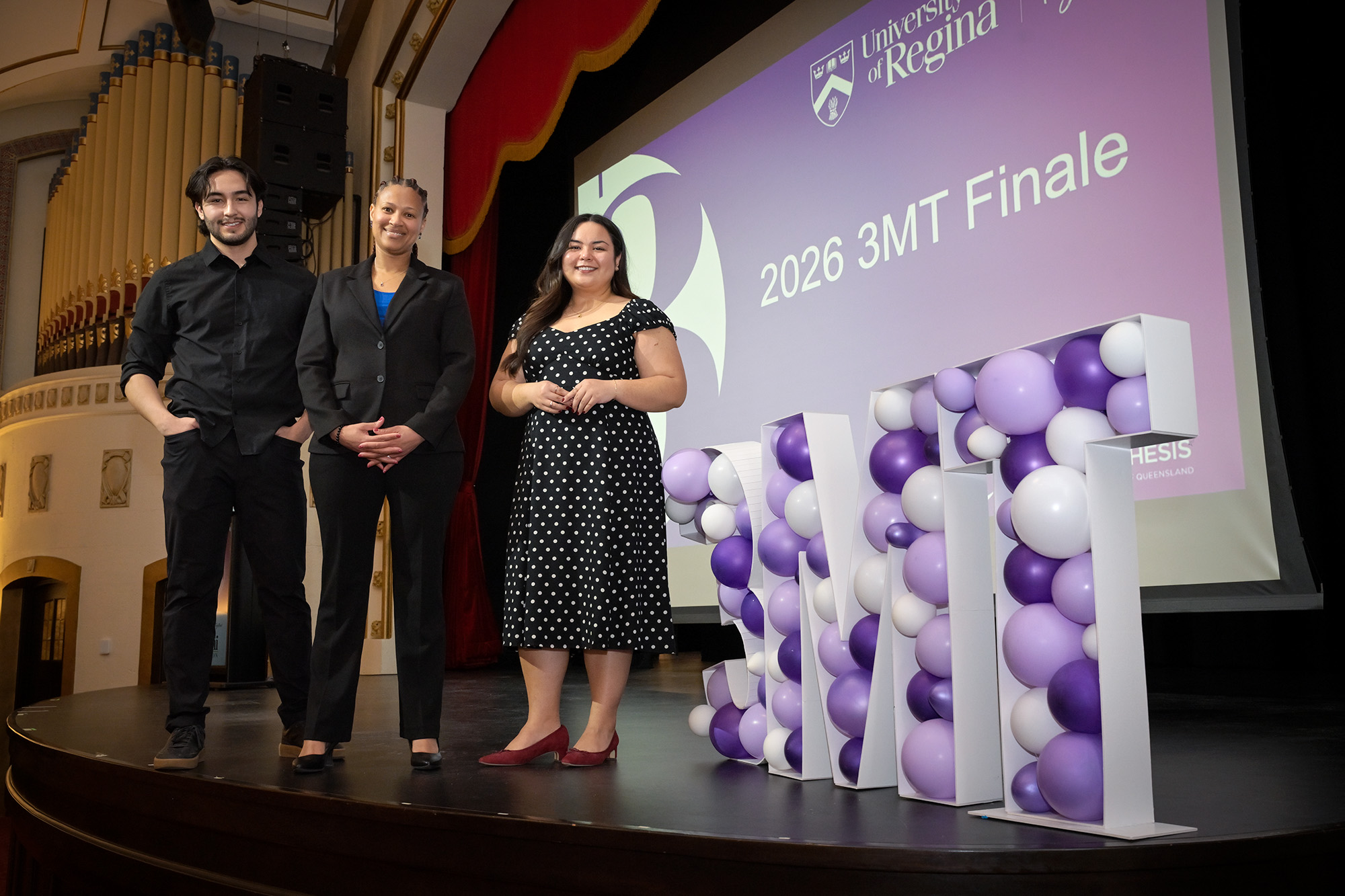 The three winners of the University of Regina’s 3MT competition, L to R: Rafael Grajales, Kamogelo Amanda Matebekwane, Rebekah Corpuz (Photo by Trevor Hopkin)