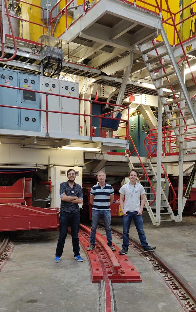Dr. Garth Huber in Hall C at Jefferson Lab with Stephen Kay, U of R Post-Doctoral Fellow, and Nathan Heinrich, U of R PhD student. (Photo by Jacob Murphy).